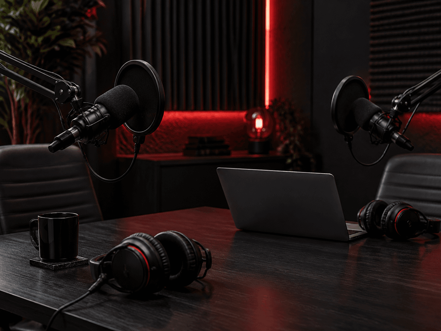 A podcast studio with microphones, headphones and red accent lighting